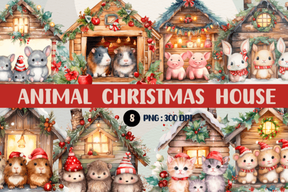 Animal Christmas House Clipart: Watercolor Charm for Your Projects