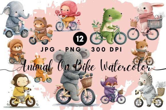 Charming Watercolor Art: Cartoon Animal on a Bike