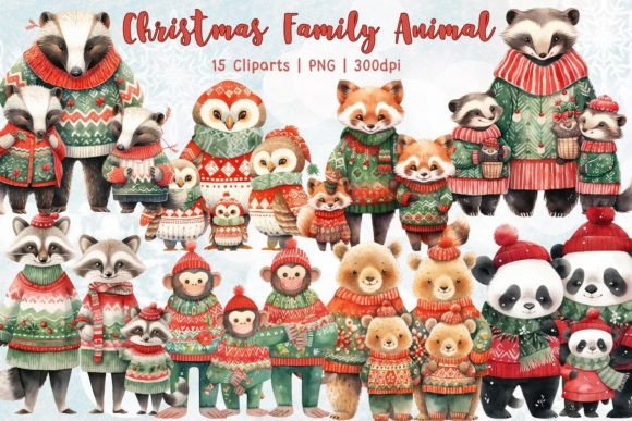 Christmas Family Animal Watercolor Set: Heartfelt Holiday Artwork