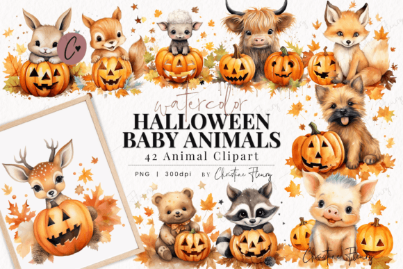 Watercolor Halloween Baby Animal Clipart: Whimsical Design Elements